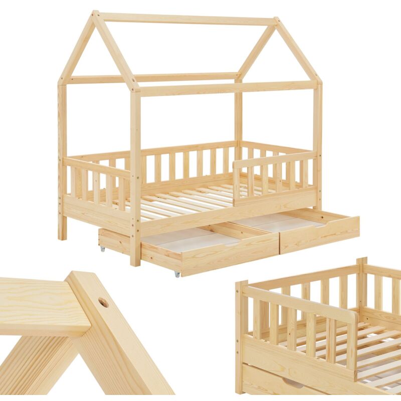 Kinderbett Marli 90 x 200 cm mit Bettkasten 2-teilig, Rausfallschutz, Lattenrost & Dach - Massivholz Hausbett für Kinder - Bett in Natur - Juskys