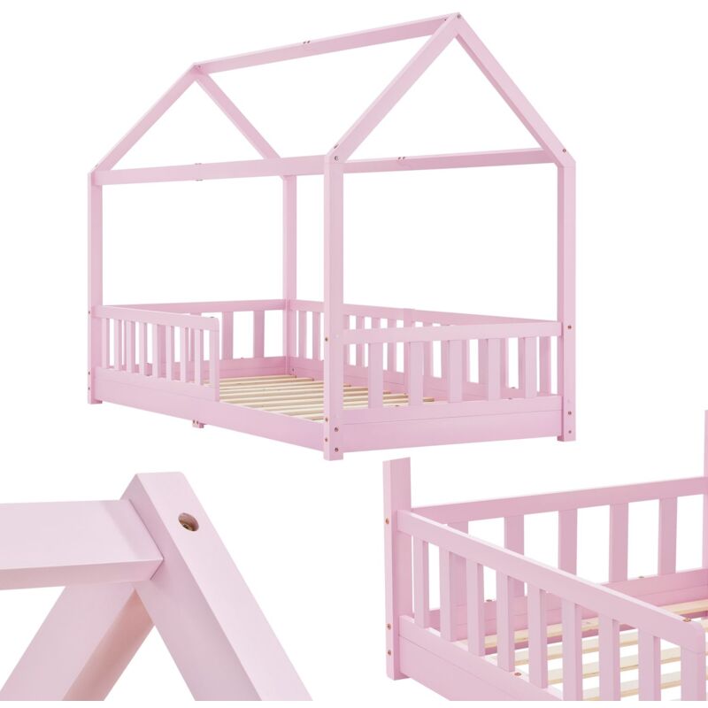 Kinderbett Marli 90 x 200 cm mit Rausfallschutz, Lattenrost und Dach - Massivholz Hausbett für Kinder - Bett in Rosa - Juskys