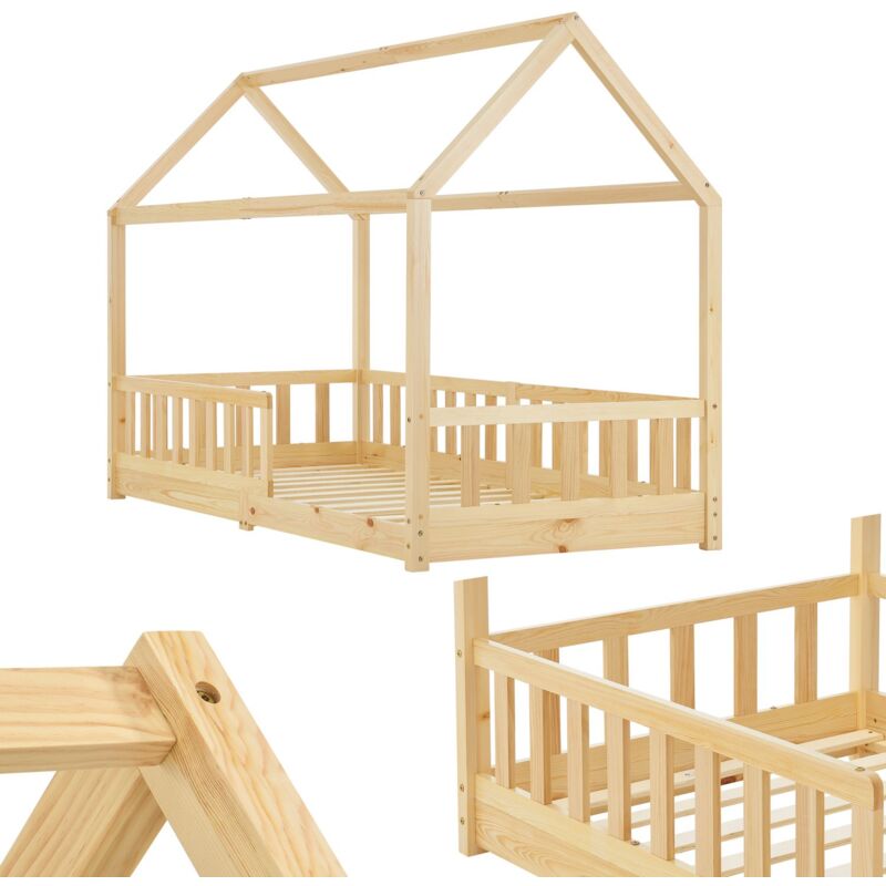 Kinderbett Marli 90 x 200 cm mit Rausfallschutz, Lattenrost und Dach - Massivholz Hausbett für Kinder - Bett in Natur - Juskys