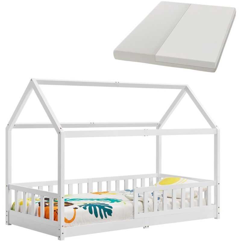 Kinderbett Marli 90 x 200 cm mit Matratze, Rausfallschutz, Lattenrost & Dach - Massivholz Hausbett für Kinder - Bett in Weiß - Juskys