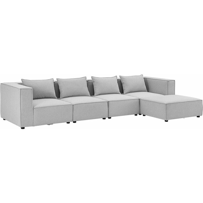 Modulares Sofa Domas xl - Couch für Wohnzimmer - 4 Sitzer - Ottomane, Armlehnen & Kissen - Ecksofa Eckcouch Ecke - Wohnlandschaft Stoff Hellgrau