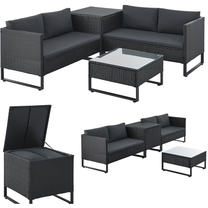 Outdoor Polyrattan Lounge Santorini - Gartenlounge mit Beistelltisch & Auflagenbox - Gartenmöbel Set Rattan Sitzecke wetterfest - Schwarz - Juskys