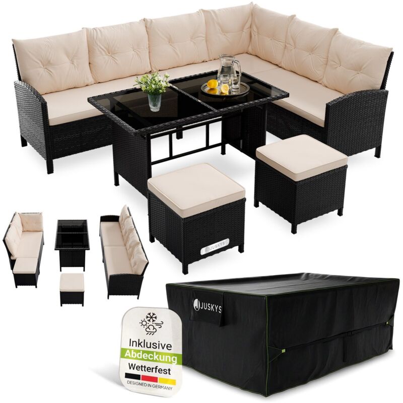 Juskys Polyrattan Lounge Manacor – Gartenlounge mit Sofa, Tisch, 2 Hocker & Kissen – Gartenmöbel Set bis 8 Personen – Schwarz, Sitzbezüge in Creme
