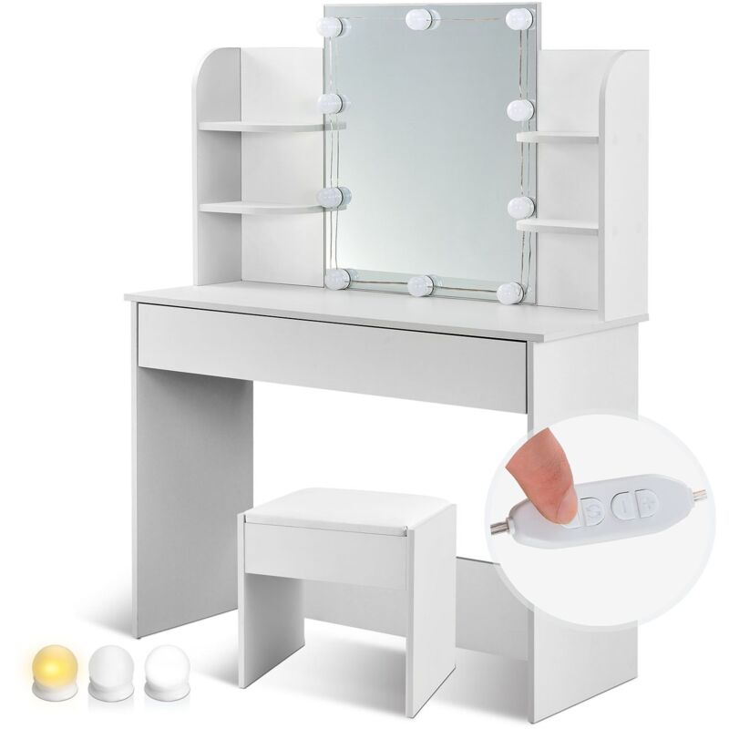 Schminktisch Bella mit led Beleuchtung & Hocker Melly - Spiegel, Schublade & Ablagefächer - Holz - Sitzhocker gepolstert, Kosmetiktisch Weiß - Juskys