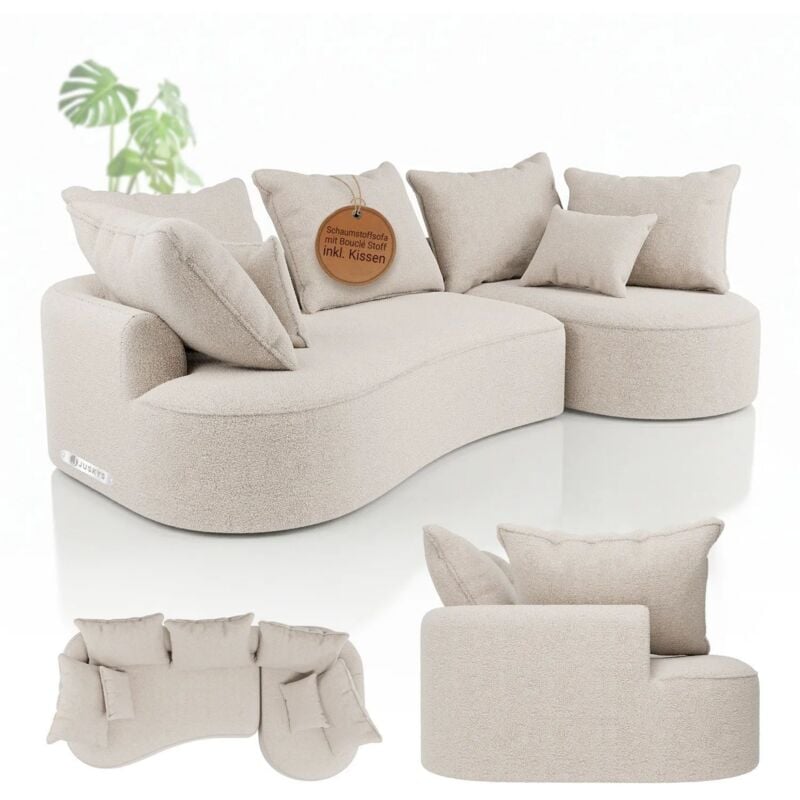 Juskys Sofa Tirano - Boucé Creme, Ecksofa mit L-Form, mit Rücken- & Dekokissen, 4-Sitzer Eckcouch, Schaumstoff - Ottomane rechts