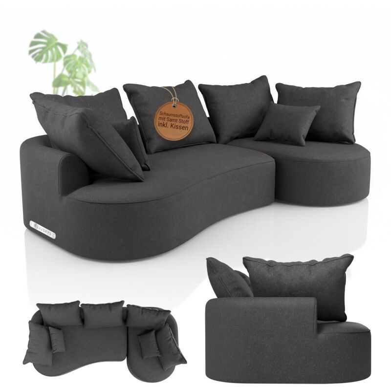 Juskys Sofa Tirano - Samt Dunkelgrau, Ecksofa mit L-Form, mit Rücken- & Dekokissen, 4-Sitzer Eckcouch, Schaumstoff - Ottomane rechts