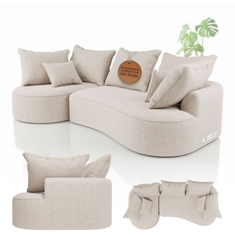 Juskys Sofa Tirano - Boucé Creme, Ecksofa mit L-Form, mit Rücken- & Dekokissen, 4-Sitzer Eckcouch, Schaumstoff - Ottomane links