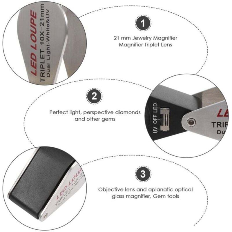 Juwelierlupe mit 10-facher Vergrößerung, Triplet-Objektiv mit 6 LED-UV-Lichtern, 21 mm, für Edelsteine, Münzen, Briefmarken usw.