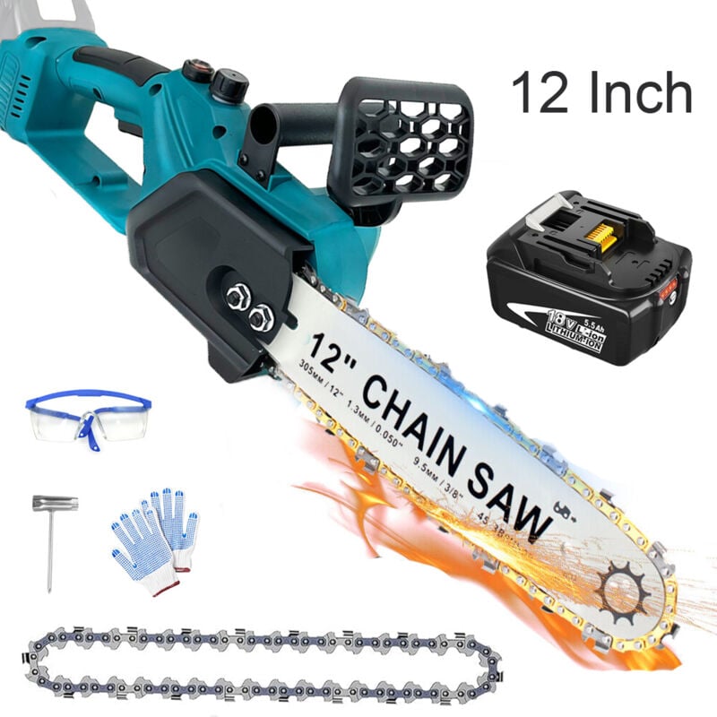 Kabelgebundene elektrische Kettensäge, Akku-Kettensäge, 12-Zoll-Akku-Kettensäge, tragbarer elektrischer Holzschneider + Kette + 5,5-A-Akku (kein