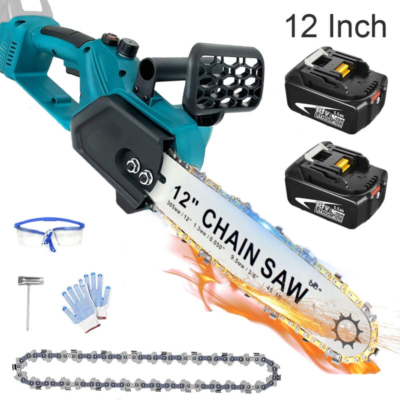 Kabelgebundene Elektro-Kettensäge, Akku-Kettensäge, 12 Zoll Akku-Kettensäge, tragbarer elektrischer Holzschneider + Kette + 2x 5,5 A Akku (ohne