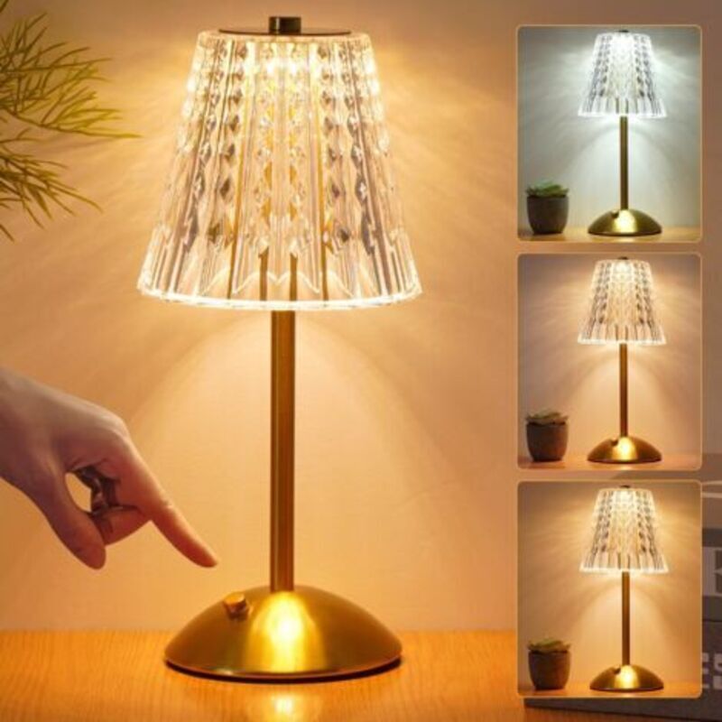 Kabellose Lampe, dreifarbige, berührungsempfindliche und dimmbare Kristalllampe, tragbare goldene LED-Lampe, kleine wiederaufladbare Lampe fürs
