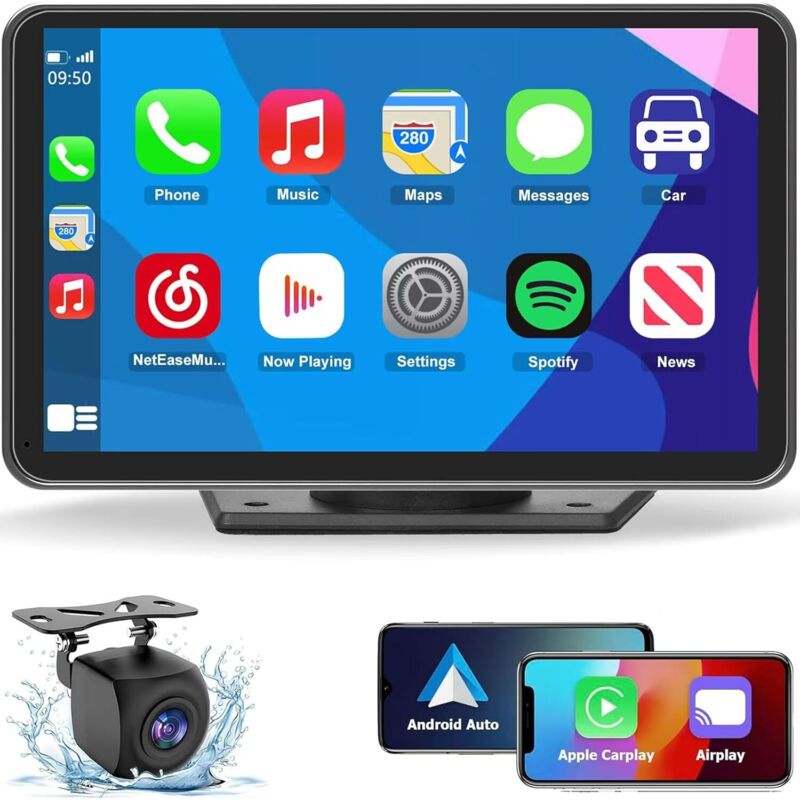 Kabelloser CarPlay-Bildschirm fürs Auto, tragbarer 7-Zoll-HD-Stereo-Touchscreen mit Rückfahrkamera