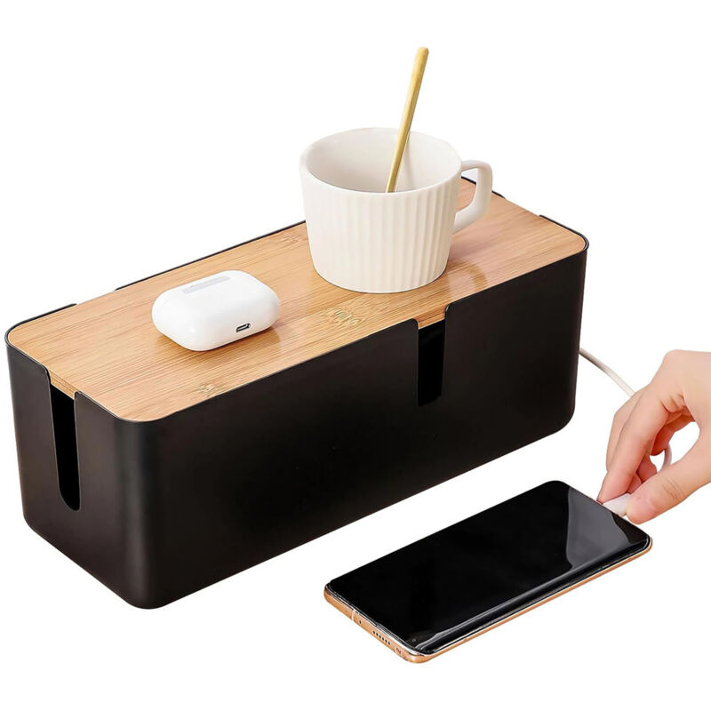 Sinbinta - Kabelmanagement-Box mit Bambusdeckel, kleine Kabel-Organizer-Box für Verlängerungskabel, Netzstreifen, Überspannungsschutz,