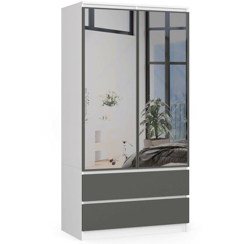 Kleiderschrank AKORD S90 mit Spiegel Weiß 90 cm 2 Türen 2 Schubladen 4 Ebenen Front Graphitgrau B90 x H180 x T51 cm