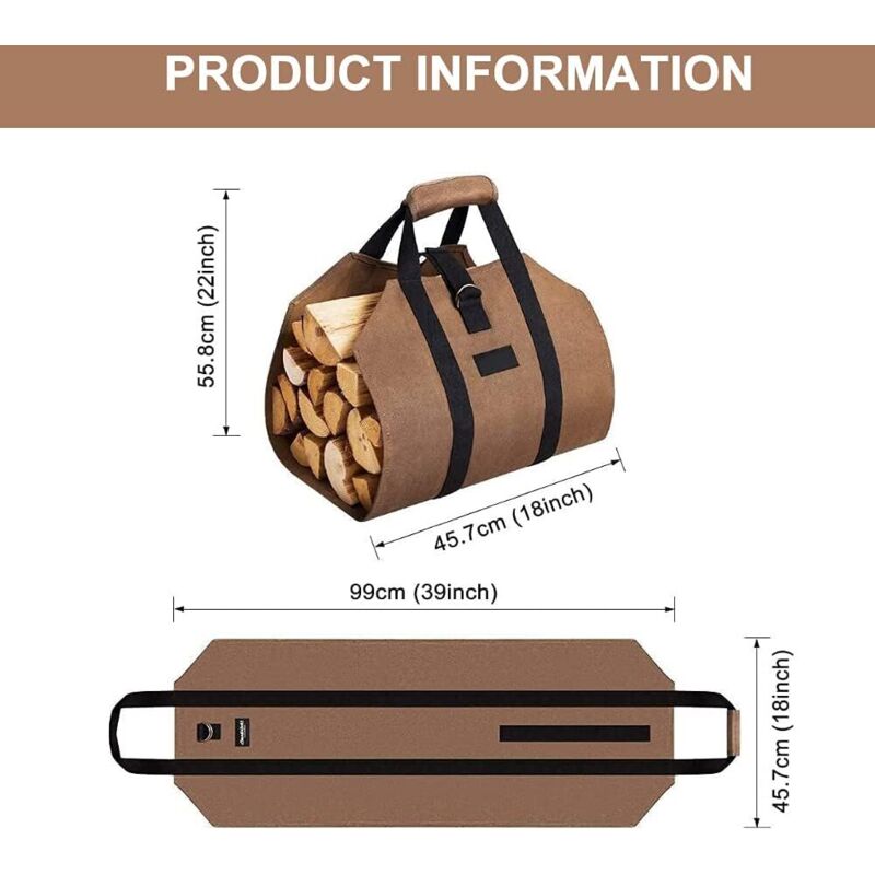 Kaminholz-Tragetasche, Kaminholz-Tragetasche, Canvas-Tragetasche, tragbarer Holzkorb für Kamine, Holzöfen, Holzscheite, Camping, Strand-100 x 46 cm