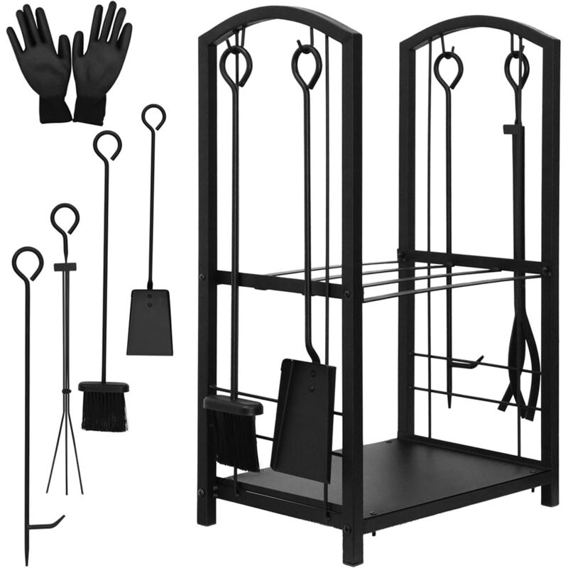 Kaminholzregal Kaminbesteck 6-tlg. Kaminhandschuhe Feuerholzablage Kaminzubehör Kaminholzständer Brennholz Garnitur Werkzeuge Metall Stapelhilfe Lager