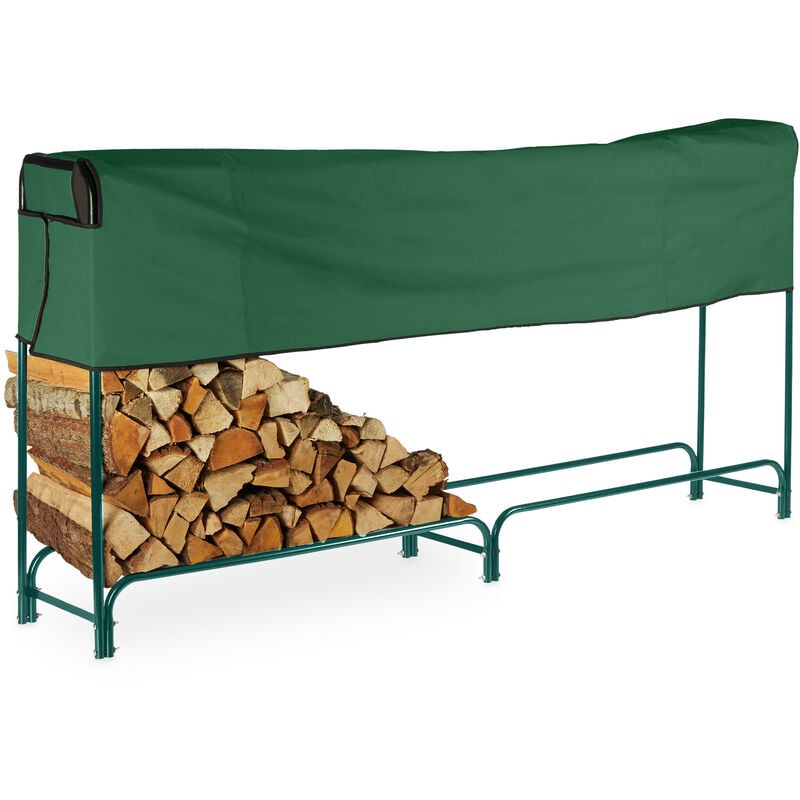 Relaxdays - Kaminholzregal mit Abdeckung, Stahl, Stapelhilfe für Brennholz, Brennholzregal, hbt: 122x250x30 cm, dunkelgrün