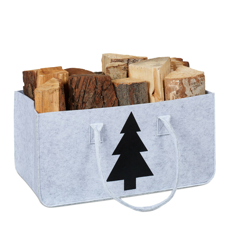 Relaxdays Kaminholztasche aus Filz, 28l Volumen, Filztasche, Tannenbaum-Motiv, für Kaminholz, Holzkorb, hellgrau/schwarz