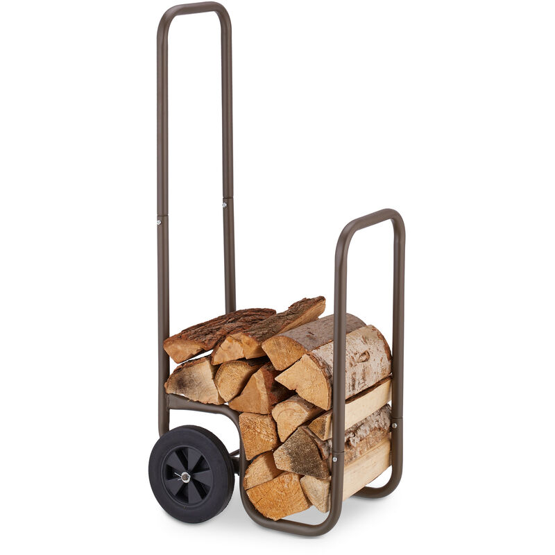 Kaminholzwagen, 2 Gummireifen, Holzwagen bis 60 kg, für gängige Holzscheite, Brennholz-Sackkarre, Stahl, braun - Relaxdays