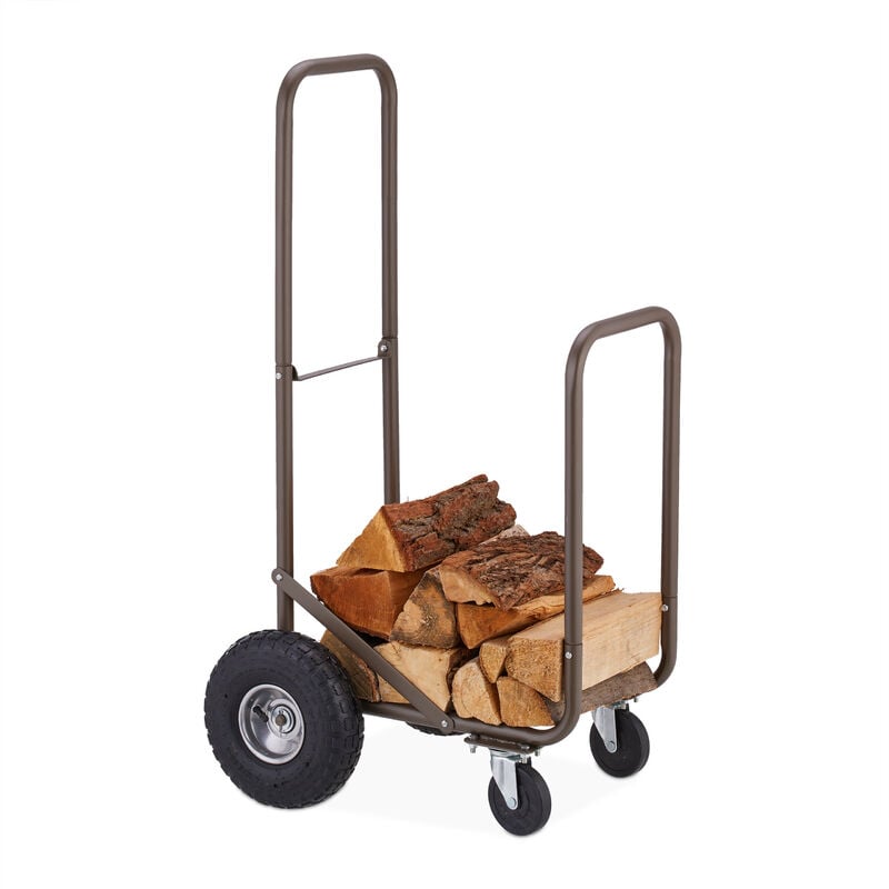 Kaminholzwagen mit Luftreifen, 360° Rollen, Holzwagen bis 60 kg, für 33 cm Scheite, Brennholz-Sackkarre, braun - Relaxdays