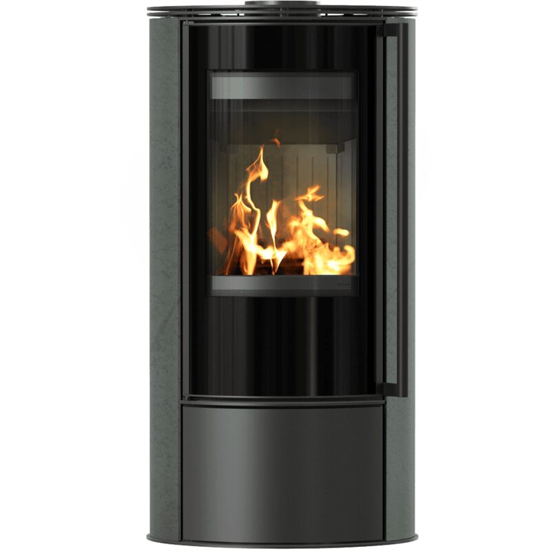 Kaminofen aus Stahl KRATKI ERIK Ø 150 5,5 kW dekorative Keramiken SERPENTINO schwarz Verkleidung mit Türfeder