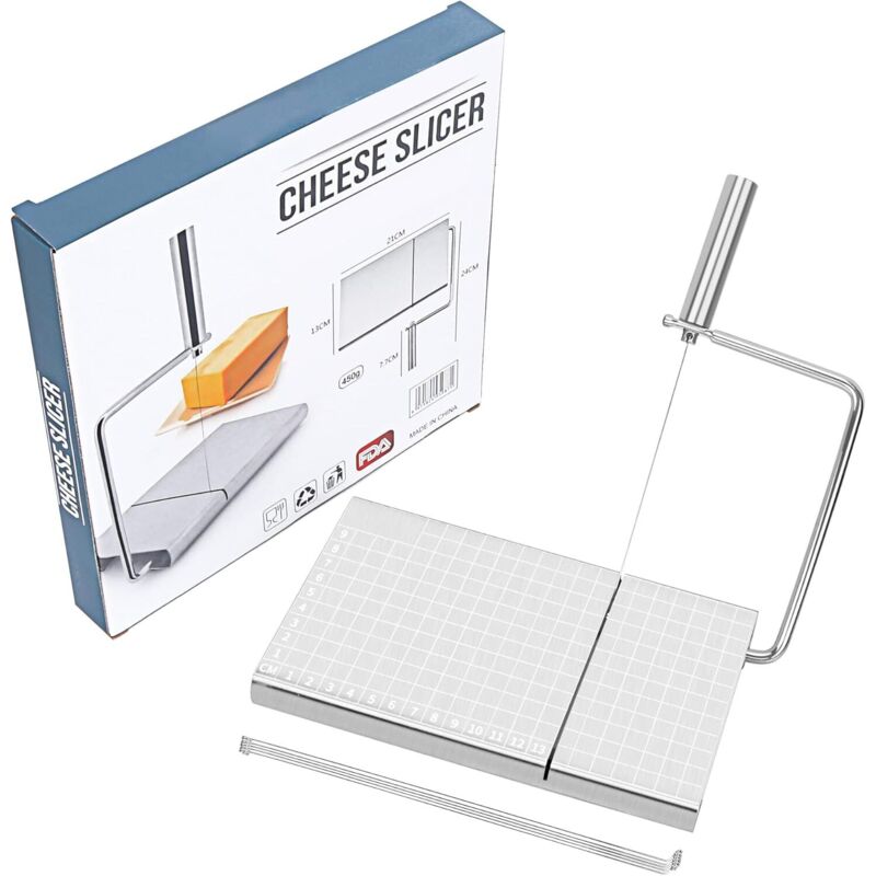 Käsehobel mit Skala, Käseschneider aus Edelstahl mit 6 Bändern, Schneidebrett aus Metall für Butter, Gemüse, Wurst, Schinken, Kräuter, Lebensmittel,