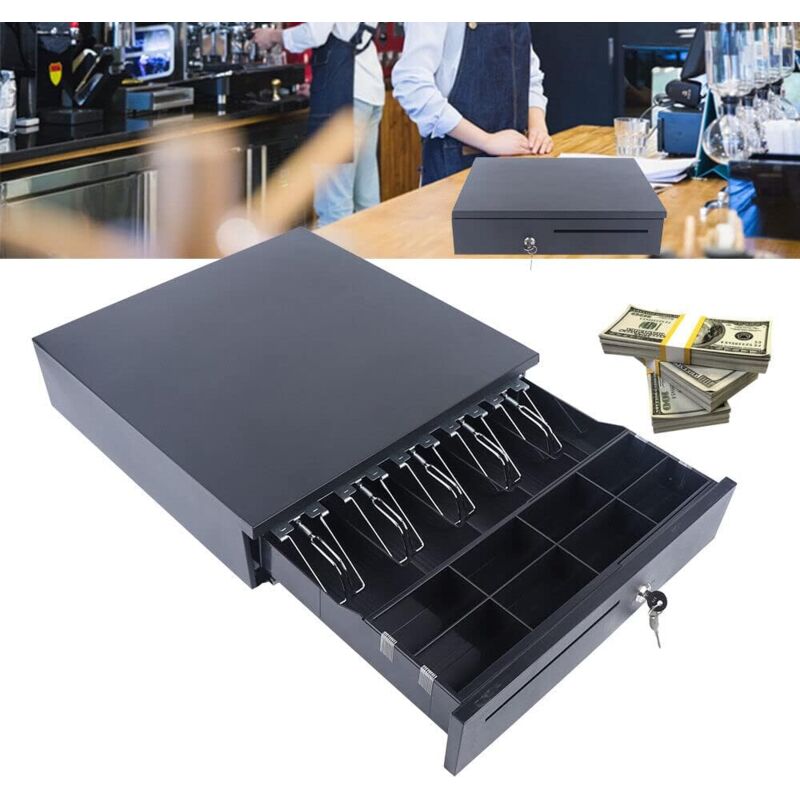 Kassenschublade mit manueller Öffnung Mechanische Kassenschublade RJ11-Schnittstelle, 5 Scheine + 8 Münzen, 40,5 x 42 x 9,5 cm, Schwarz