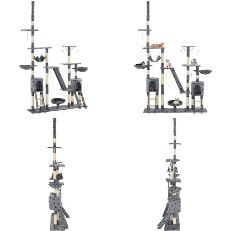 Katzen-Kratzbaum Sisal 230-250 cm Pfoten-Aufdruck Grau - Katzen Kratzbaum - Katzenmöbel - Sisalkratzbaum - Mehrstöckiger Katzenbaum
