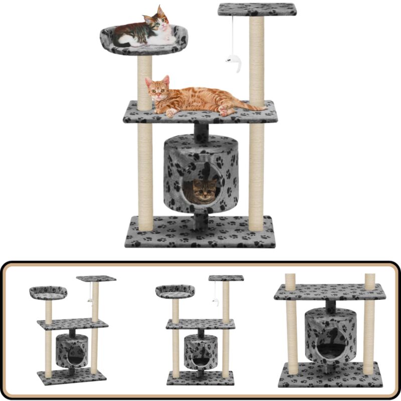 Vidaxl - Katzen-Kratzbaum Sisal 95 cm Grau Pfoten-Aufdruck - Katzenspielplatz - Katzenkletterbaum - Kratzbaum - Sisalkratzbaum - Katzenmöbel