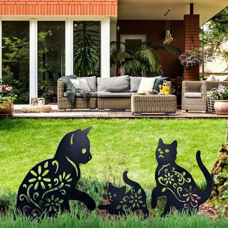 Katzen-Kunst für den Garten, Metallstatuen, Dekoration, 3 Stück, Katzen-Silhouette in Tierform, Pfahldekorationen, Schwarz
