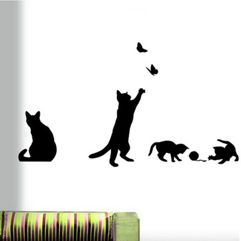 Katzen spielen und fangen Schmetterlinge – Wandtattoo aus Vinyl für Zuhause, Küche, Kinderzimmer