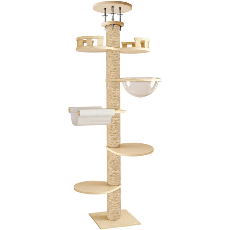 Katzenbaum, stabiler Kratzbaum aus dickem Sisal, Katzenspielbereich, höhenverstellbar 295-315 cm, beige.