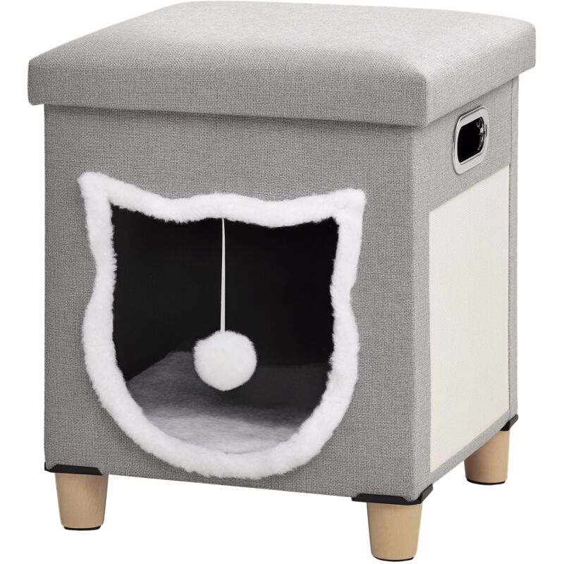 Katzenhöhle, Katzenhaus mit Kissen, Katzenbett mit Kratzmatte, Ottomane, Kuschelhöhle mit Spielball, Anti-Rutsche Katzenhütte, Polyester, Grau, 35,5