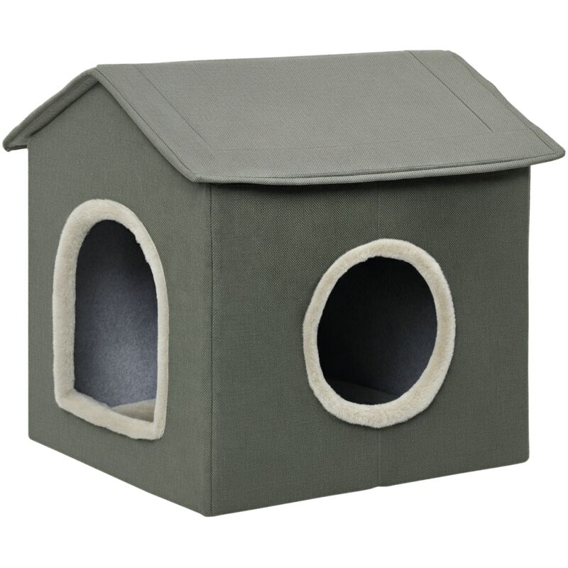 Katzenhöhle, Katzenhaus mit Kissen, Kratzbrett, Zwei Türen, xxl Katzenhütte Hundehütte Hundehöhle, Katzenbett für Katzen bis 5 kg, Grau, 39 x 43,5 x