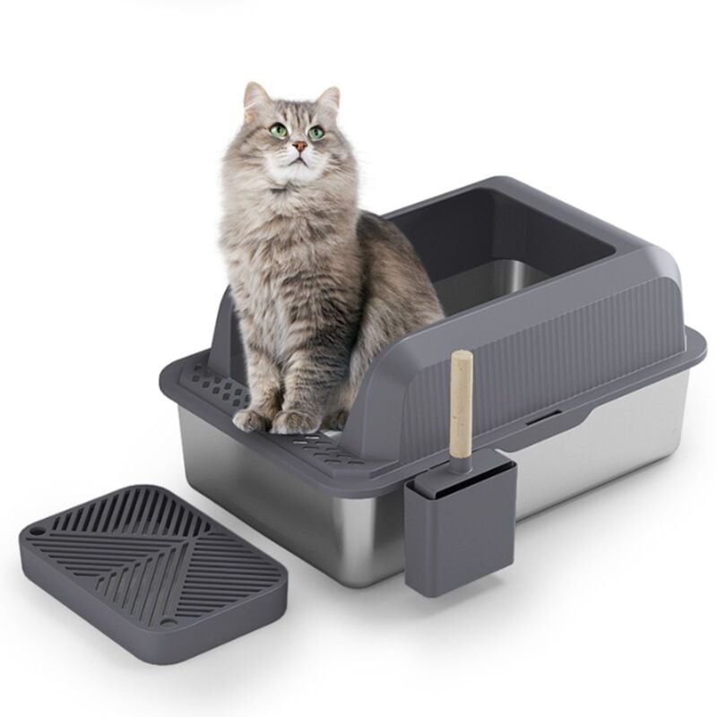 Fitags - katzenklo Edelstahl, 61x 41x 31CM Katzentoilette Edelstahl, Seiteneingang, Mit großer Katzenstreu Schaufel, Anti-Leckage Sand Pedal