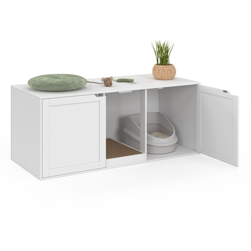 Katzenklo XL mit 2 Türen und Kratzbaum aus weißem Holz