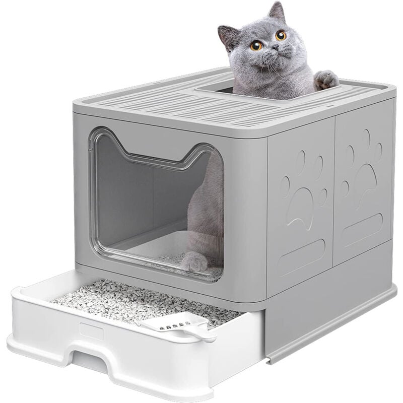 Katzenklo,Geschlossene Katzentoilette, Cat litter box, Ausziehbares Tablett, Schaufel,51 x 41 x 38 cm Grau