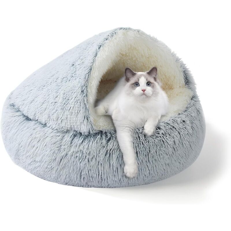 Katzenkorb für drinnen, Plüsch-Hundehütte mit Kapuze für Welpen, kleines Hundebett, abnehmbar und waschbar, rutschfest, selbstheizend, rund, weiches