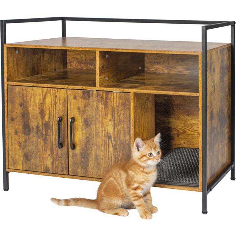 Relaxdays Katzenschrank für Katzentoilette, mit Katzenklomatte, Stauraum, HBT: 74x90x45 cm, Katzenhaus, braun/schwarz