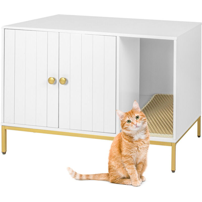 Relaxdays Katzenschrank für Katzentoilette, mit Katzenklomatte, mit Eingang, HBT: 55x80x50 cm, Katzenhaus, weiß/gold