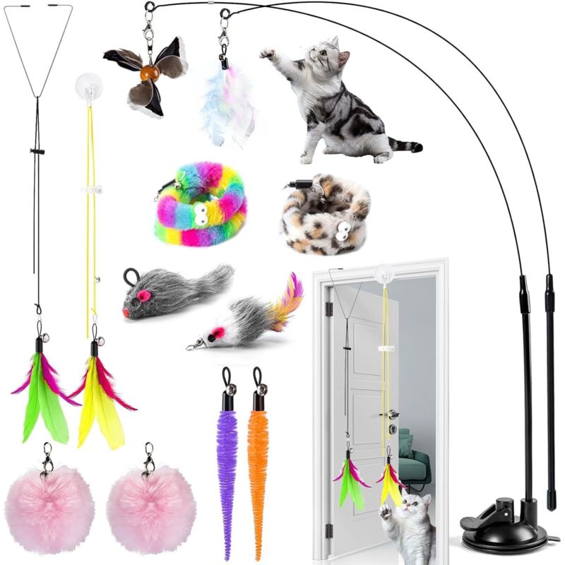 Katzenspielzeug für drinnen mit Saugnapf, 12-teiliges Katzenangelset mit Feder, Katzenspielzeug mit Saugnapf und Glöckchen, Federspielzeug mit