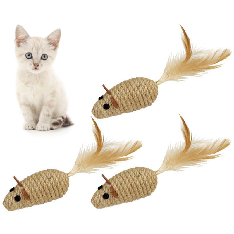 Katzenspielzeugmaus – Leinenseil, Hühnerhaar, Sand und Kies – lustiges Katzenspielzeug – verspielte Katzenmaus – interaktives Katzenspielzeug –