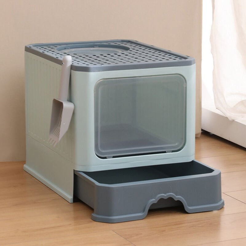 Skecten - Katzentoilette mit Deckel,mit Katzentoilettenschaufel,Leicht zu Reinigen,40×50×40cm,Dunkelblaugrün