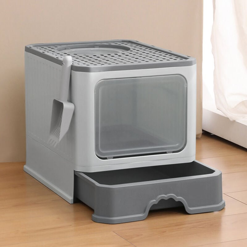 Skecten - Katzentoilette mit Deckel,mit Katzentoilettenschaufel,Leicht zu Reinigen,40×50×40cm,grau