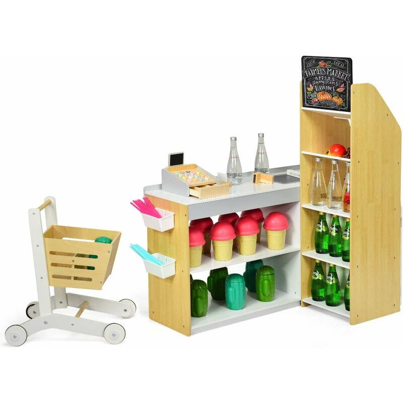 Kaufladen mit Einkaufswagen, Supermarkt aus Holz, Kaufmannsladen mit Tafel & Registrierkasse, inkl.Scanner & Kartenlesegeraet & Kreditkarte & Münzen,