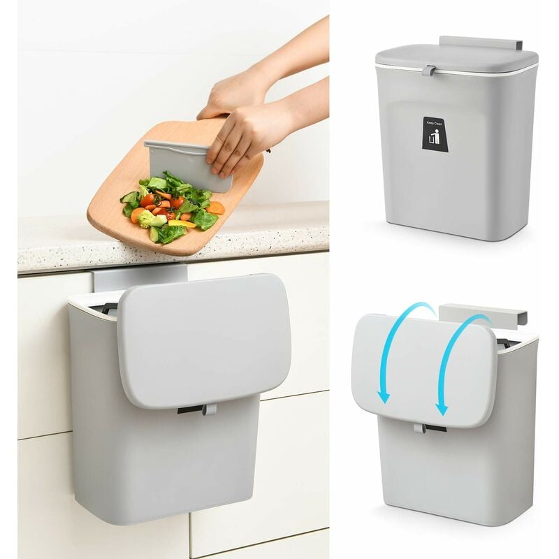 Haloyo - Küchenabfalleimer Mülleimer zum Aufhängen mit Deckel, Küchenschranktür, Schrank-Mülleimer, Mülleimer unter der Spüle (grau) 29.51626cm