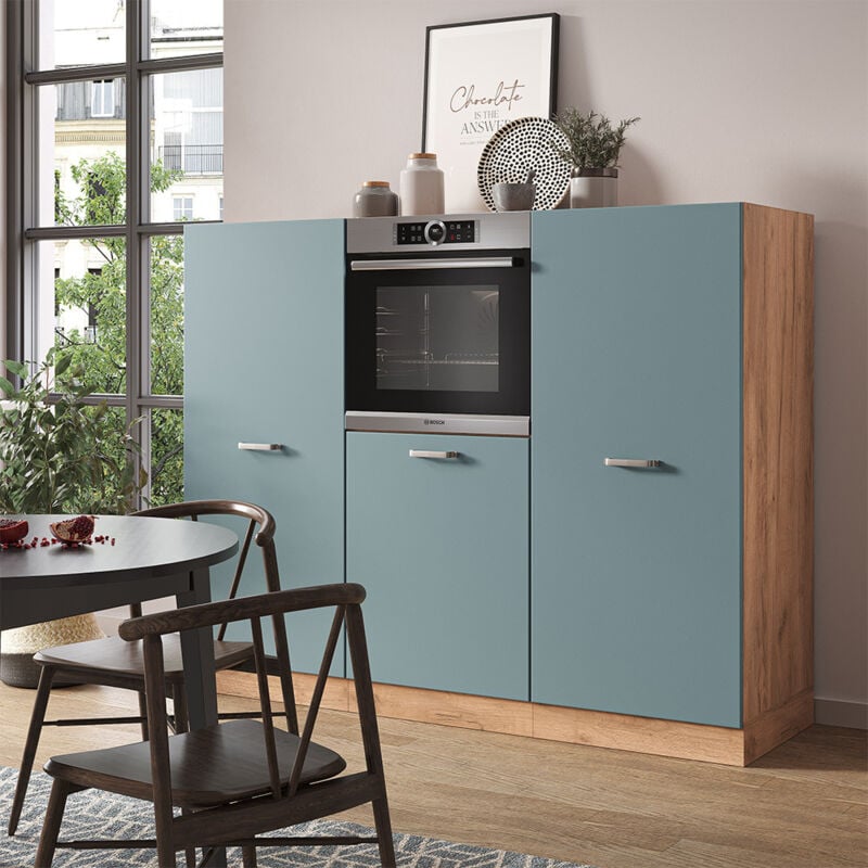 Einbauküche R-Line, Blau-Grau/Goldkraft Eiche, 180 cm ohne Arbeitsplatte, Vicco