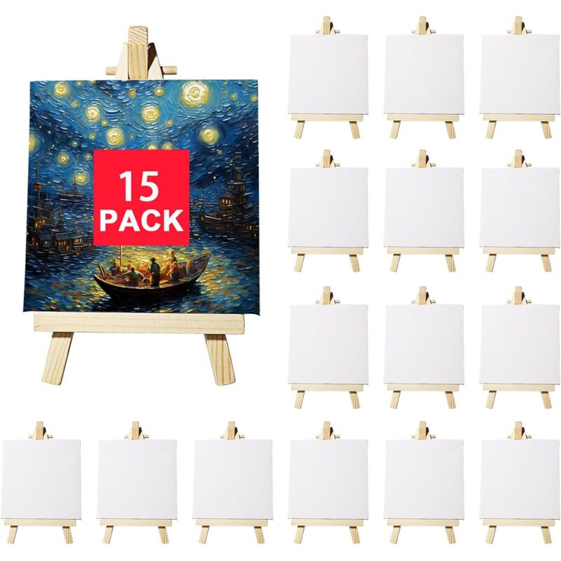 Mini-Staffelei-Leinwand-Set, 15-teilig, Mini-Leinwand 10 x 10 cm und Staffelei 9 x 16 cm, dreieckiger Ständer aus Massivholz für die Bürodekoration,