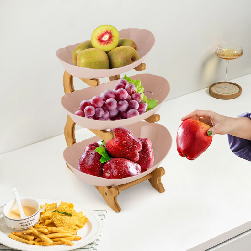 Keramik Obst Etagere mit 3 Etagen,Obstkorb Etagere für die Familie,Obstschale Modern mit Natürlichem Bambus Steher für Gemüse,Obst,Snacks,Spielzeug
