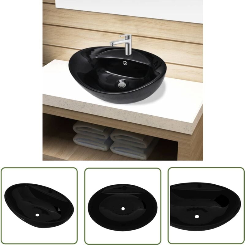 Keramik Waschbecken Hahnloch/Überlaufloch schwarz oval - Keramik Waschbecken - Schwarzes Waschbecken - Ovales Waschbecken - Unterbauschrank